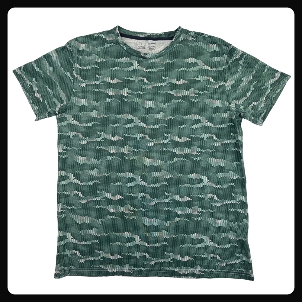Public Record Honeycomb Camo T Shirt Men XL Green Cotton Knitwear Short‎ Sleeve